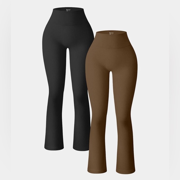 OQQ High-Waisted Black and Coffee Brown Yoga Flare Pants NWT 2-Pack size: Large - Picture 1 of 6